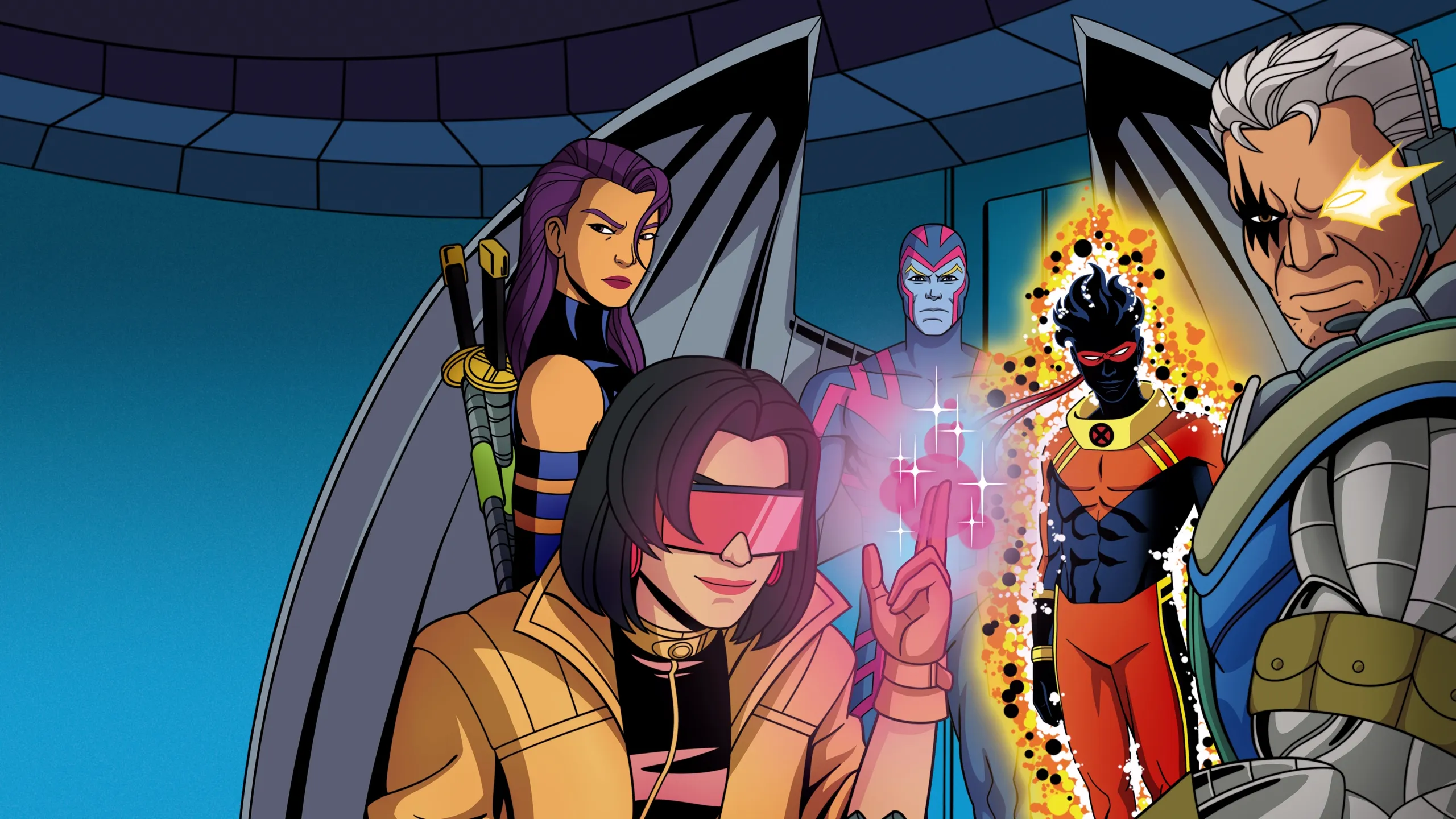 Official X-Men ’97 ensemble key art, with mutants surrounded by blue, orange and magenta energy
